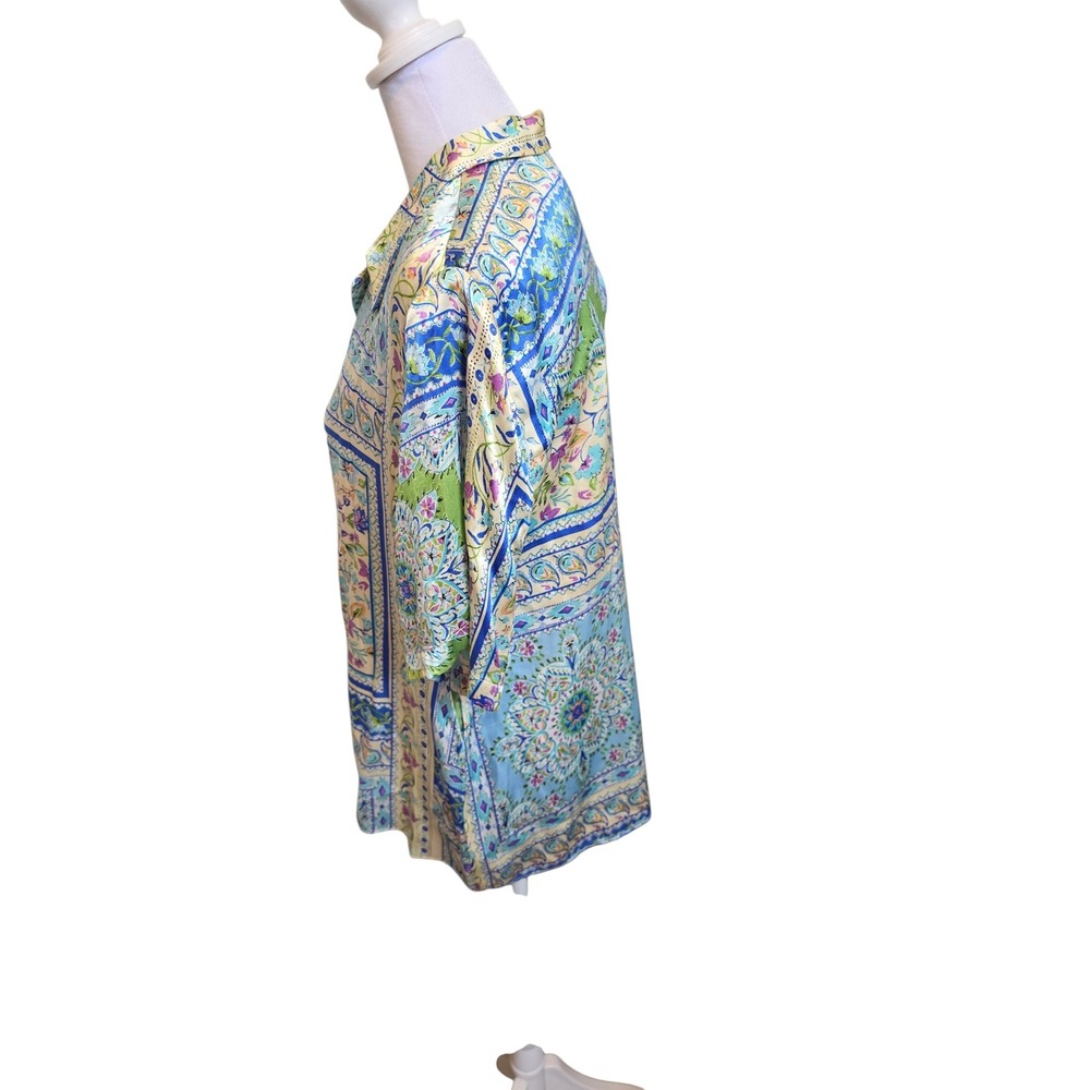 Zara Floral Paisley Print Satin Tie Waist Blouse Blue Yellow Large 3198/248 - Picture 3 of 9